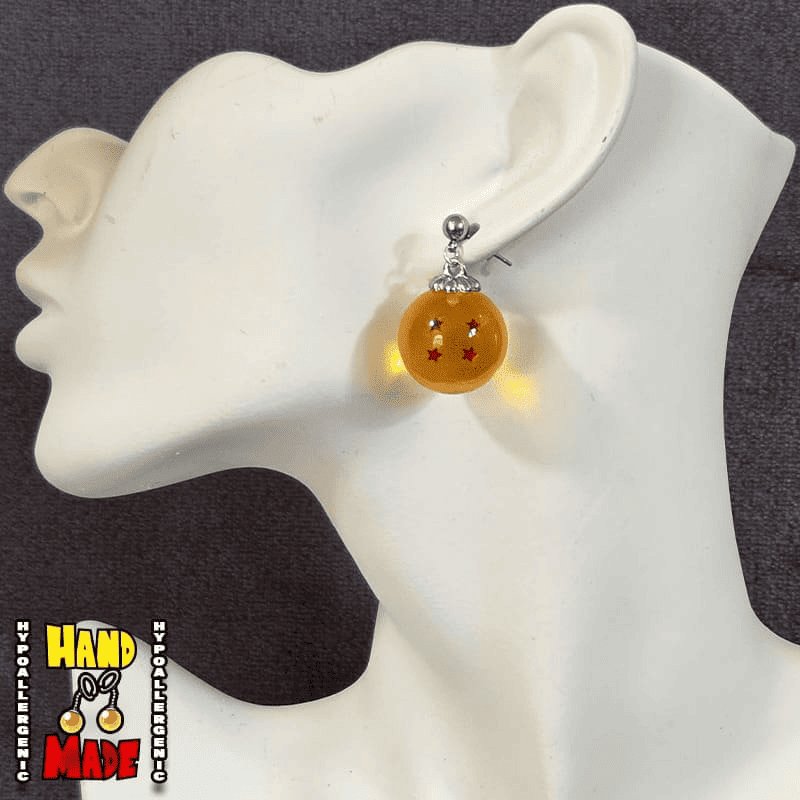 Handmade 4 Star Dragonball Earrings- Orange with 4 Dark Orange Stars