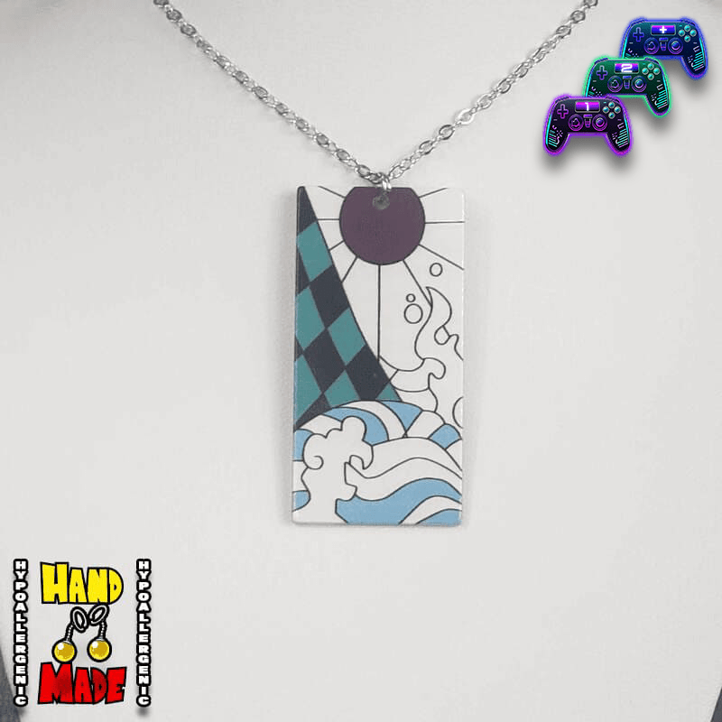 Demon Slayer, handmade and hypoallergenic, Acrylic Tanjiro Hanafuda Charm Necklace, with Silver Chain Necklace