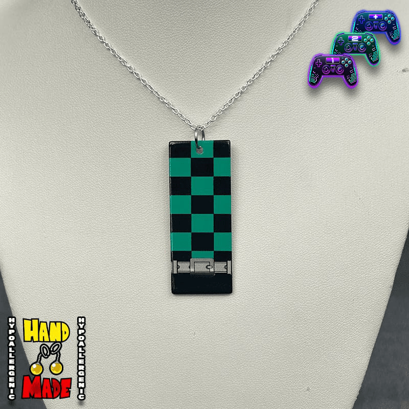 Demon Slayer, handmade and hypoallergenic, Acrylic Tanjiro Hanafuda Charm Necklace, with Silver Chain Necklace