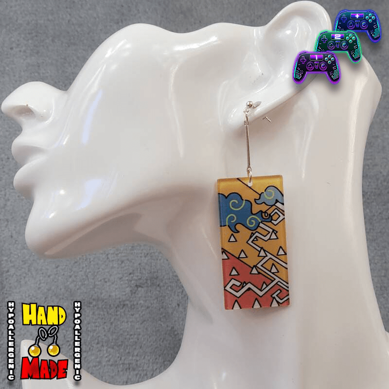 Demon Slayer, handmade and hypoallergenic, Acrylic Zenitsu Hanafuda Charm Earrings, with Silver Extenders and Dropped Posts