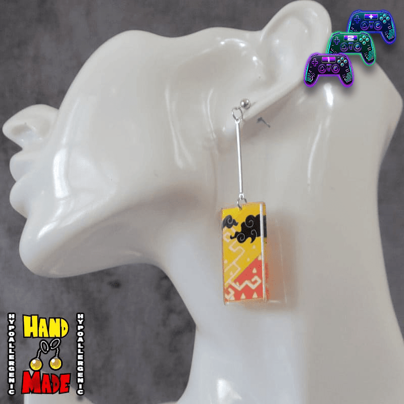 Demon Slayer, handmade and hypoallergenic, Acrylic Zenitsu Hanafuda Charm Earrings, with Silver Extenders and Dropped Posts