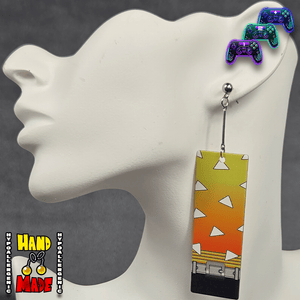 Demon Slayer, handmade and hypoallergenic, Acrylic Zenitsu Hanafuda Charm Earrings, with Silver Extenders and Dropped Posts