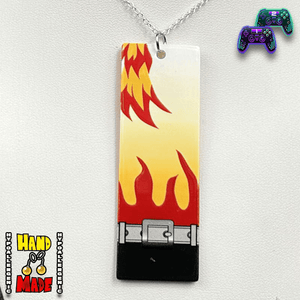 Acrylic Fire Breathing Hanafuda Anime Necklace with flame motif and bold black border, displayed on a white stand with a silver-plated chain.