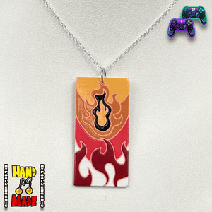 Acrylic Fire Breathing Hanafuda Anime Necklace with a vibrant flame motif and no border, displayed on a white stand with a silver chain.