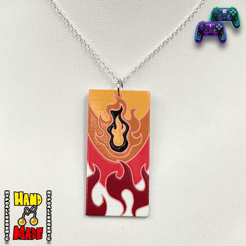 Acrylic Fire Breathing Hanafuda Anime Necklace with a vibrant flame motif and no border, displayed on a white stand with a silver chain.