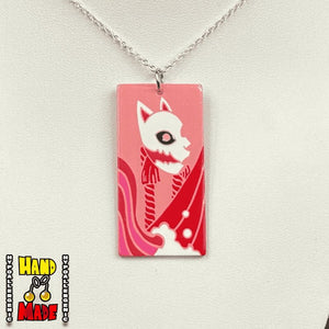 Acrylic Fox Mask Hanafuda Anime Necklace displayed on a white stand with a bold acrylic fox mask charm and a silver-plated chain.