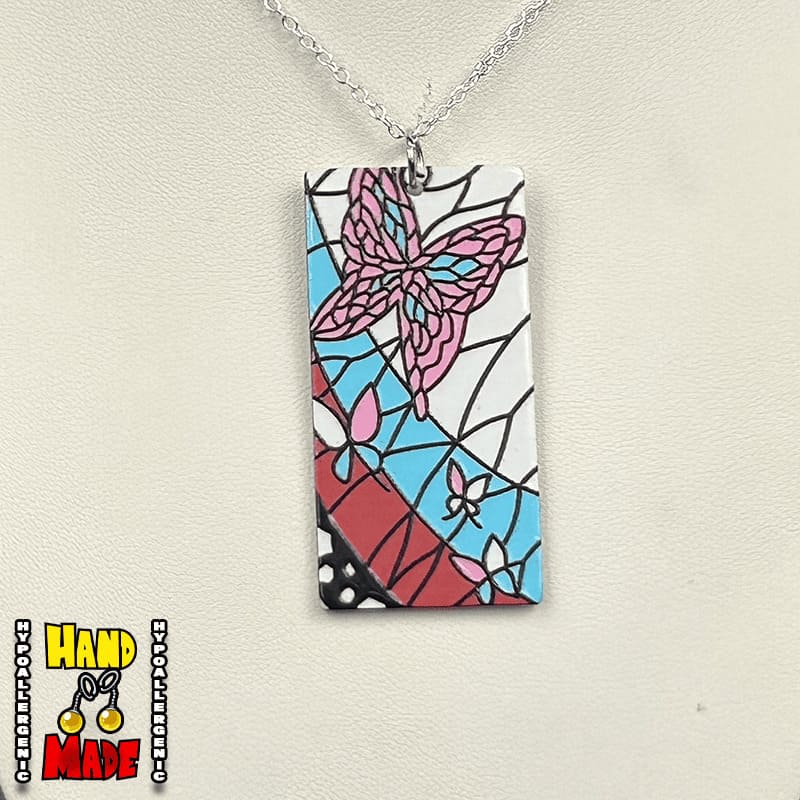 Acrylic Mosaic Butterfly Hanafuda Anime Necklace shown on a white flat display, featuring a multicolor butterfly charm on a silver-plated chain.