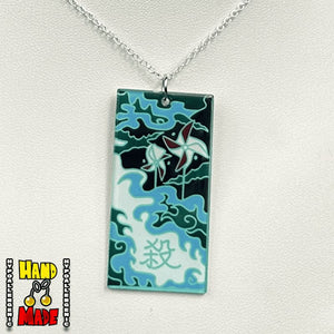Acrylic Windmills Hanafuda Anime Necklace shown on a white flat stand with a vibrant windmill design charm and silver chain.