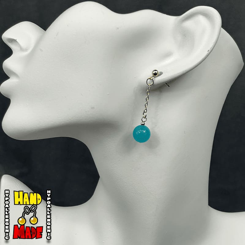 Handmade Aquamarine Ascension Sphere Anime Earrings featuring genuine aquamarine gemstone spheres with gold dropped posts.