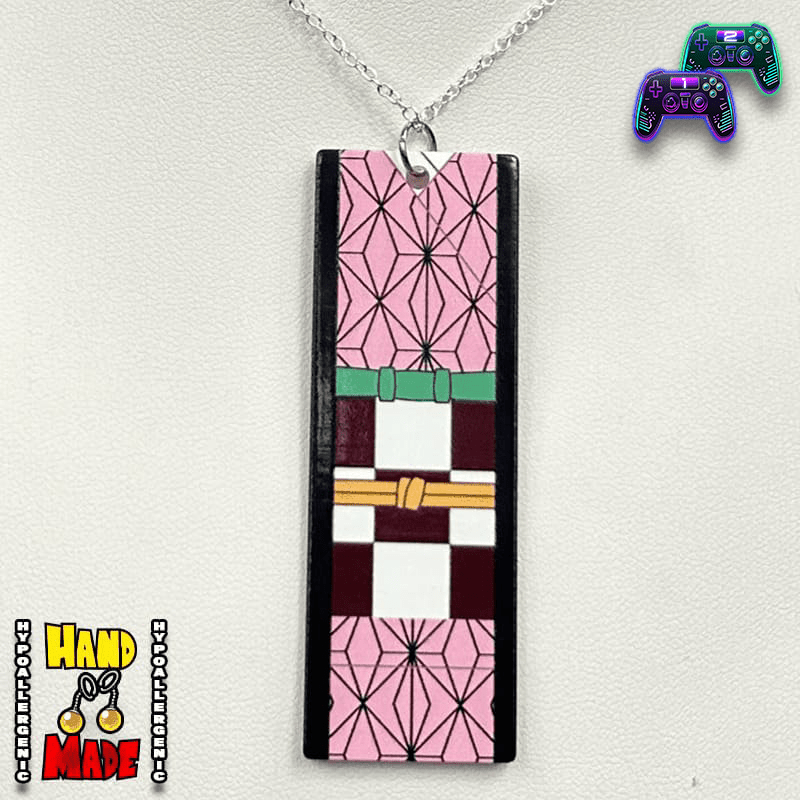 An acrylic Hanafuda card pendant necklace with a character inspired by Nezuko Kamado from Demon Slayer, displayed on a white background with a silver chain.