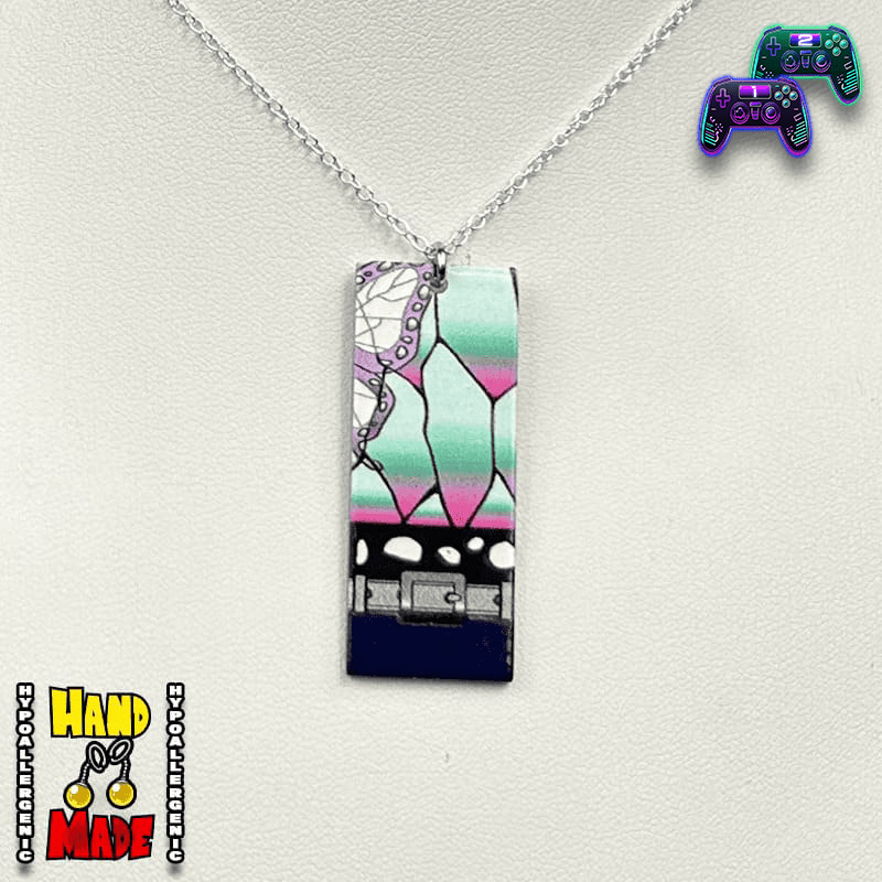 Acrylic Butterfly Hanafuda Anime Necklace featuring a vertical charm with black bottom border, a striped scale background, and a detailed white and purple butterfly wing on the upper left corner.