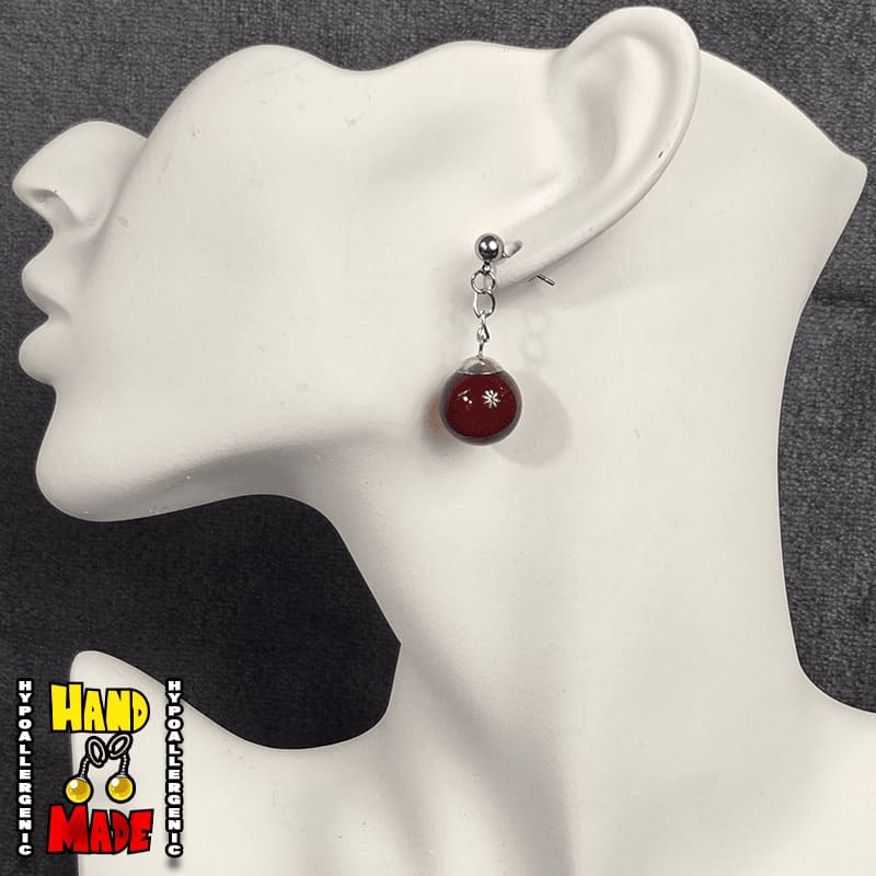Handmade Crimson Ascension Anime Earrings featuring red agate gemstone spheres on sterling silver dropped posts.