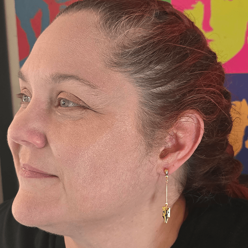 Model image of a model wearing the previously described earrings.