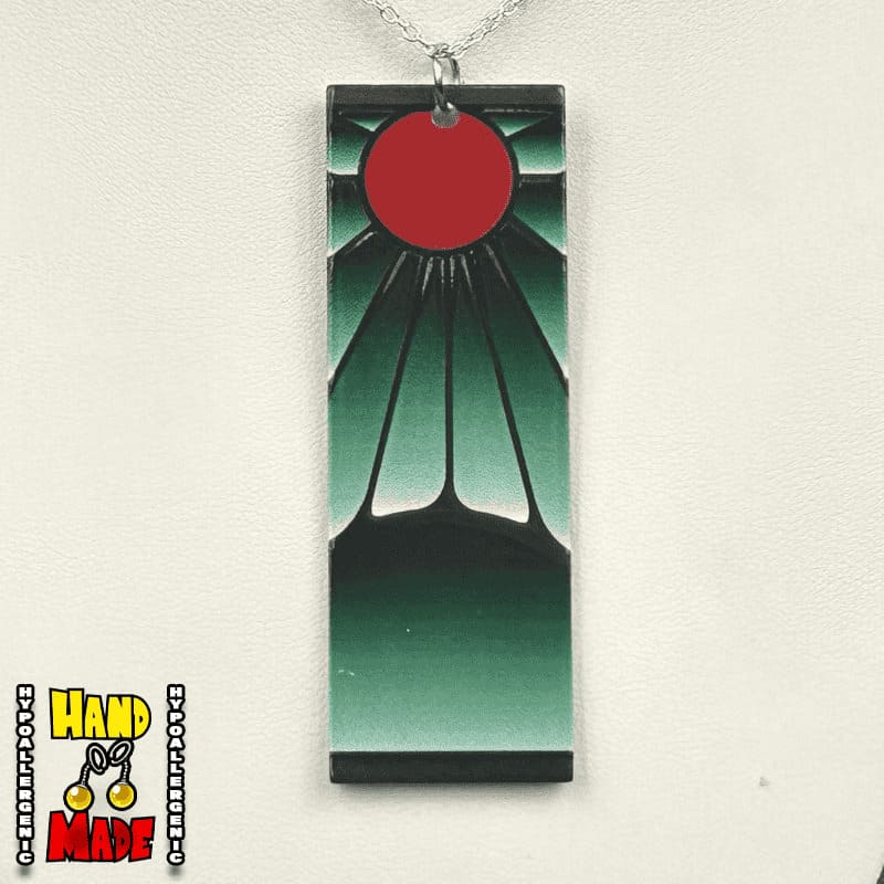Dark Rising Sun Hanafuda Anime Necklace on a white flat display with dark-toned acrylic charms and a sterling silver chain.