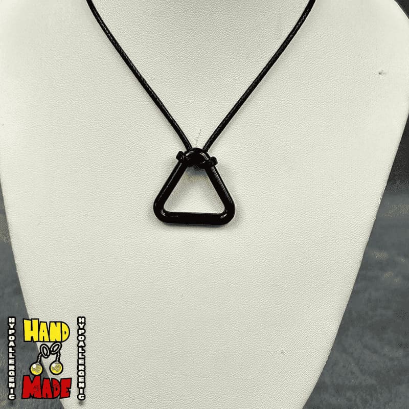 A black metal triangle charm necklace displayed on a white mannequin, featuring a black rope as the chain.