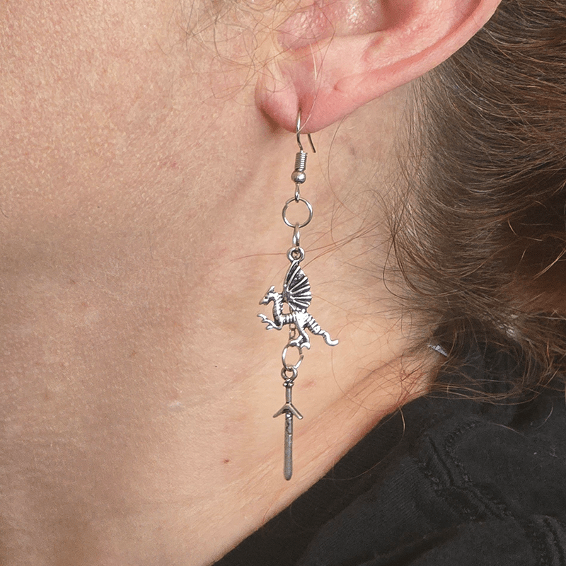 A close-up model image of a model wearing the previously described earrings.