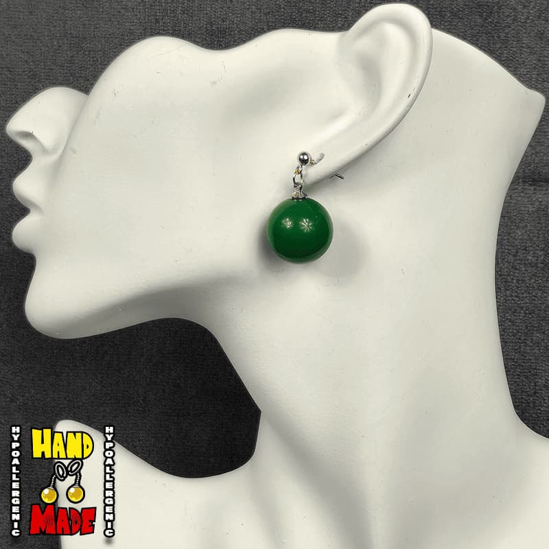 Handmade Emerald Ascension Anime Earrings featuring glossy green sphere charms with gold dropped posts.