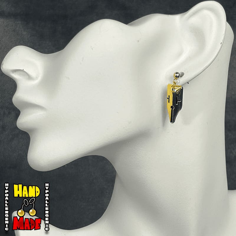 Handmade Golden Stone Mask Anime Earrings featuring golden mask charms with gold dropped posts.