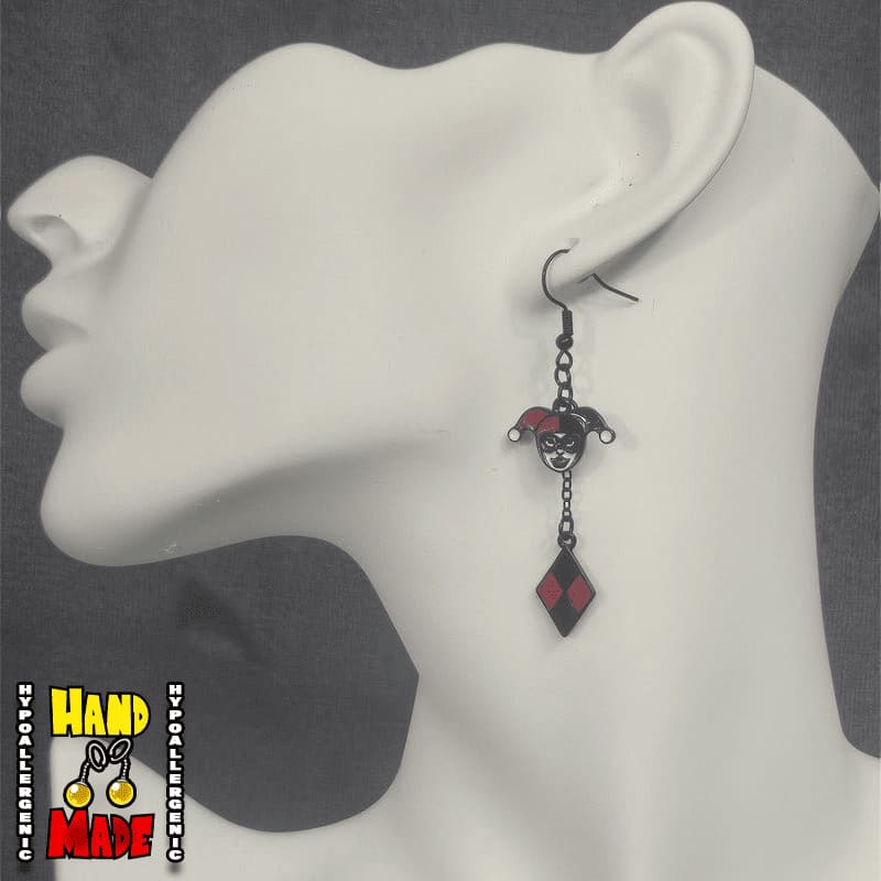 Handmade Harlequin Jester Gaming Earrings featuring metal jester themed charms with silver French hooks.