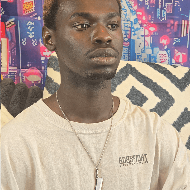 Model image of a model wearing the previously described necklace.