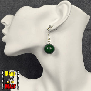 Handmade Emerald Ascension Anime Earrings featuring glossy green sphere charms with long gold dropped posts.