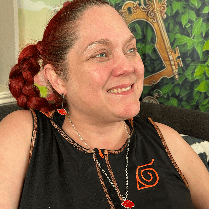 A model image of a model wearing the previously described necklace.