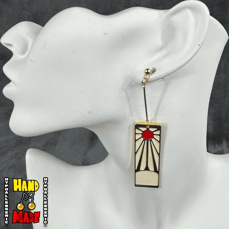 Demon Slayer, handmade and hypoallergenic, Gold Metal Sun Breathing Hanafuda Charm Earrings, with Gold Extenders and Dropped Posts