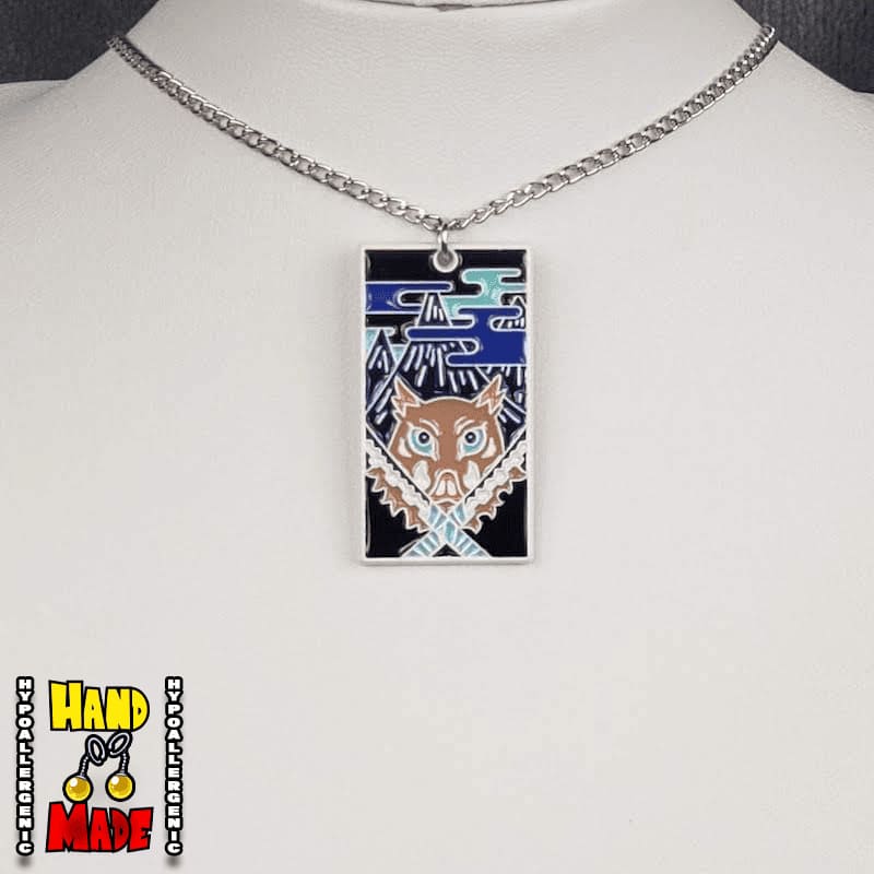Metal Boar Mask Hanafuda Anime Necklace displayed on a white flat stand with a silver chain and a rugged boar mask metal charm.