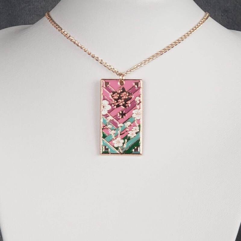 Metal Cherry Blossom Hanafuda Anime Necklace shown on a flat white display with a rose gold chain and a detailed cherry blossom metal charm.
