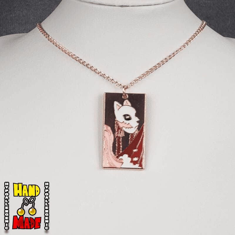 Metal Fox Mask Hanafuda Anime Necklace shown on a white flat display with a rose gold chain and detailed fox mask metal charm.