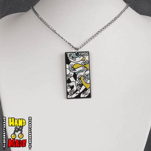 Metal Snakes Hanafuda Anime Necklace displayed on a white flat stand, featuring a sleek silver chain and a detailed snake-themed metal charm.