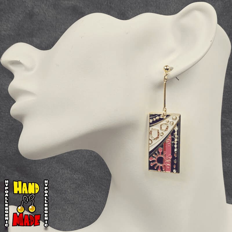 Demon Slayer, handmade and hypoallergenic, Metal Tengen Hanafuda Charm Earrings, with Gold Extenders and Dropped Posts