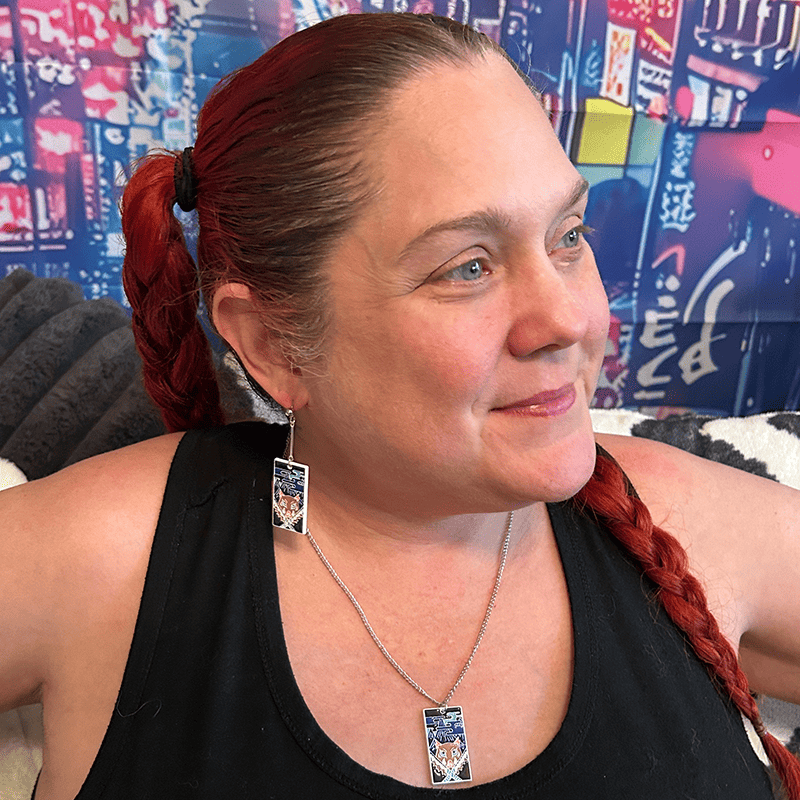 Model wearing the Metal Boar Mask Hanafuda Anime Necklace, showcasing the fierce boar mask charm and silver chain resting across the chest.