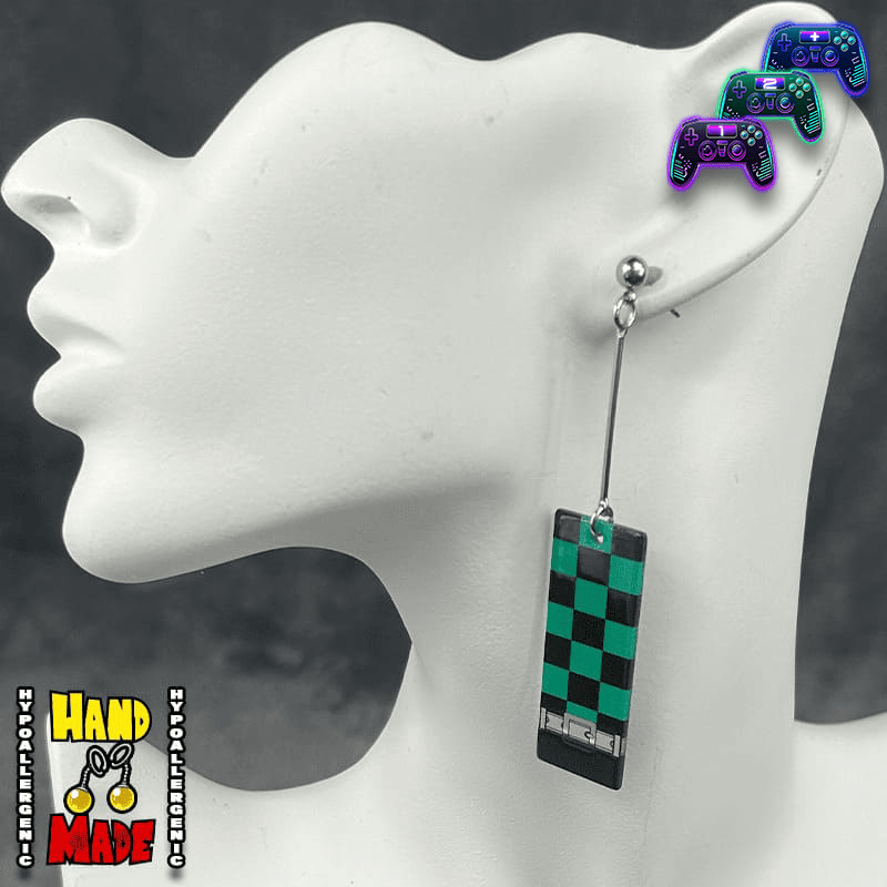 Green and Black Checkerboard with black bottom border, hanging from silver jewelry extender and silver dropped posts