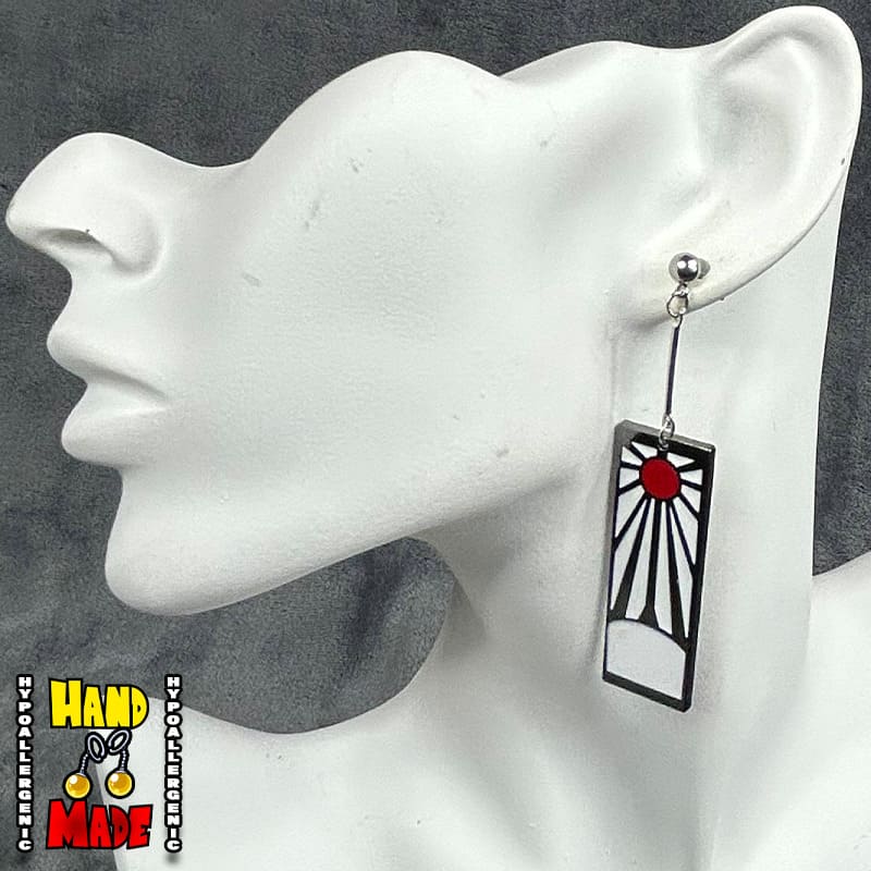Demon Slayer, handmade and hypoallergenic, Silver Metal Sun Breathing Hanafuda Charm Earrings, with Silver Extenders and Dropped Posts