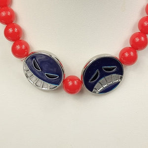 Blue Tragedy Frowning and Comedy Smiling Masks with red bead necklace