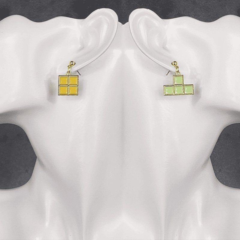 Yellow and Green Metal Tetris Earrings