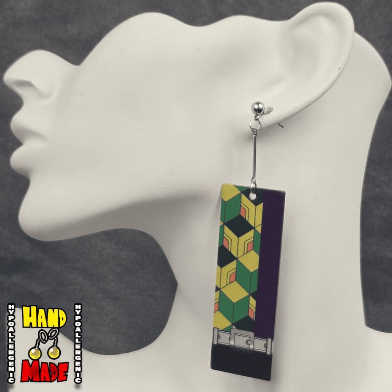 Handmade Acrylic Giyu Hanafuda Anime Earrings based on his profile with clothing patterns and belt