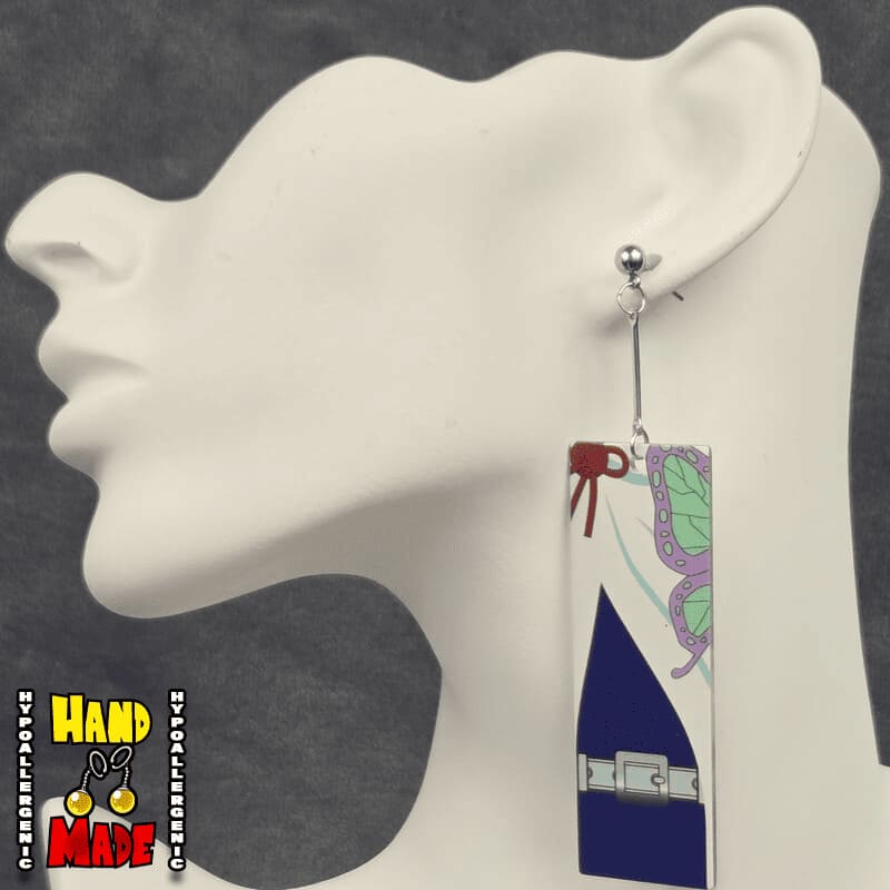 Handmade Acrylic Kanao Hanafuda Anime Earrings based on her profile including her uniform style and green and purple butterfly on her lapel