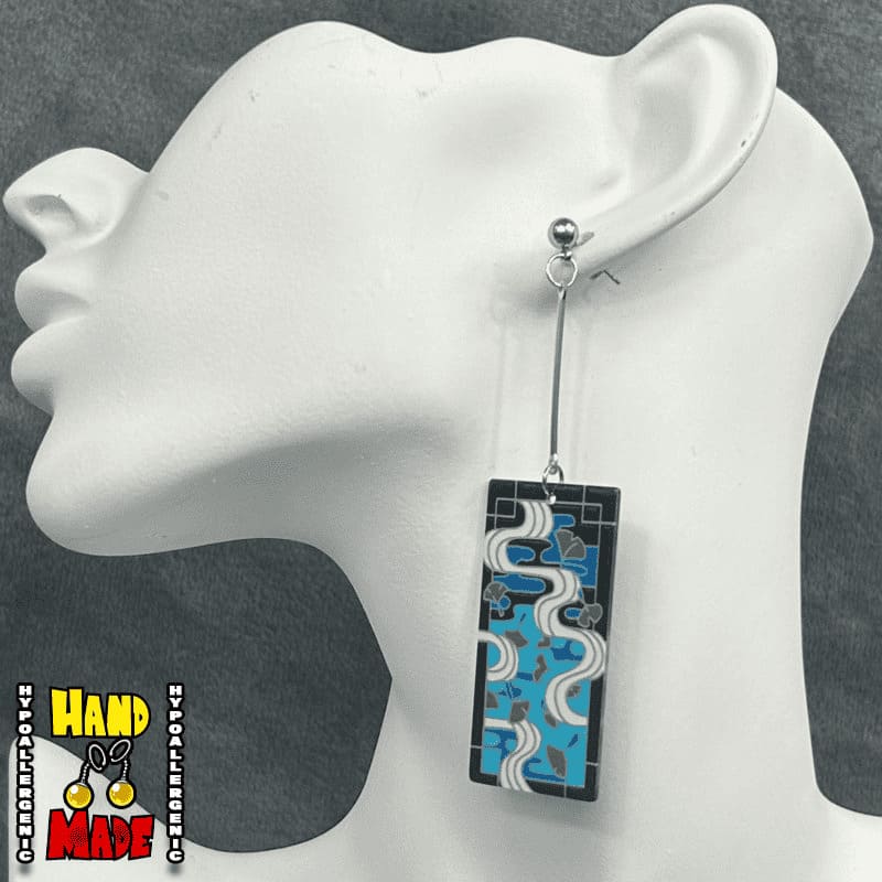 Handmade Acrylic Mamoko Hanafuda Anime Earrings- in blue based on the pattern of her kimono and powers