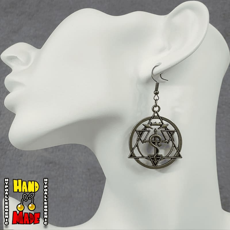 Handmade Alchemist Circle Anime Earrings featuring cutout metal alchemist circle charms with silver French hooks.