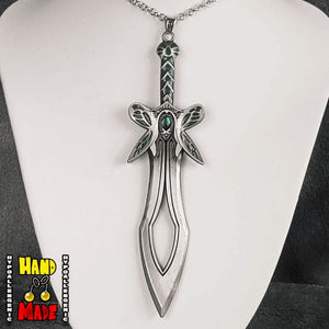A silver-colored necklace featuring an intricate butterfly sword design, displayed on a mannequin neck.

