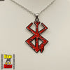 A red and black Berserk Brand of Sacrifice necklace pendant on a silver chain, displayed against a white background.