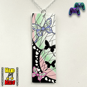 Acrylic Butterfly Hanafuda Anime Necklace with a butterfly wing background and layered black, white, pink, and purple butterflies across the acrylic charm.