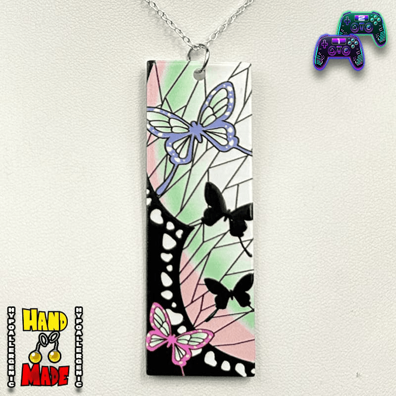 Acrylic Butterfly Hanafuda Anime Necklace with a butterfly wing background and layered black, white, pink, and purple butterflies across the acrylic charm.