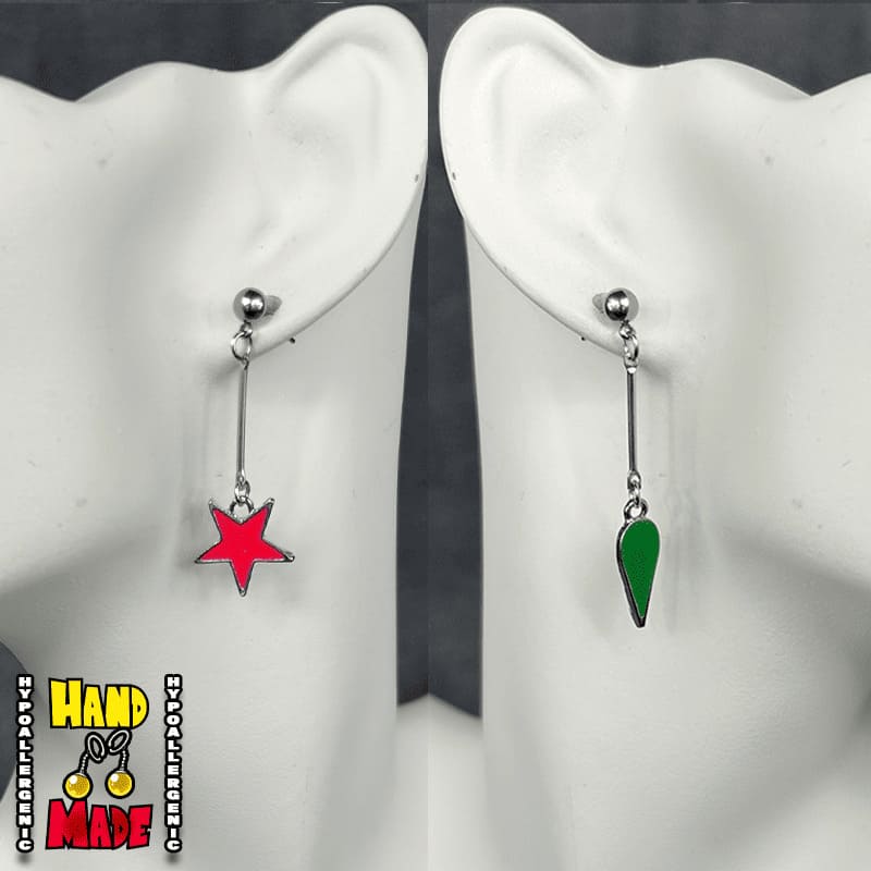 Handmade Dangle Teardrop and Star Anime Earrings featuring acrylic pink star and green teardrop charms with silver dropped posts.