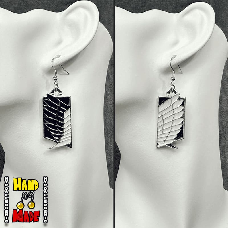 Handmade Divided Wing Emblem Anime Earrings featuring white and blue wing emblem metal charms with silver dropped posts.