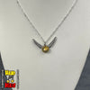 Handmade Golden Winged Orb Fantasy Necklace featuring golden winged orb charm on a silver chain necklace.
