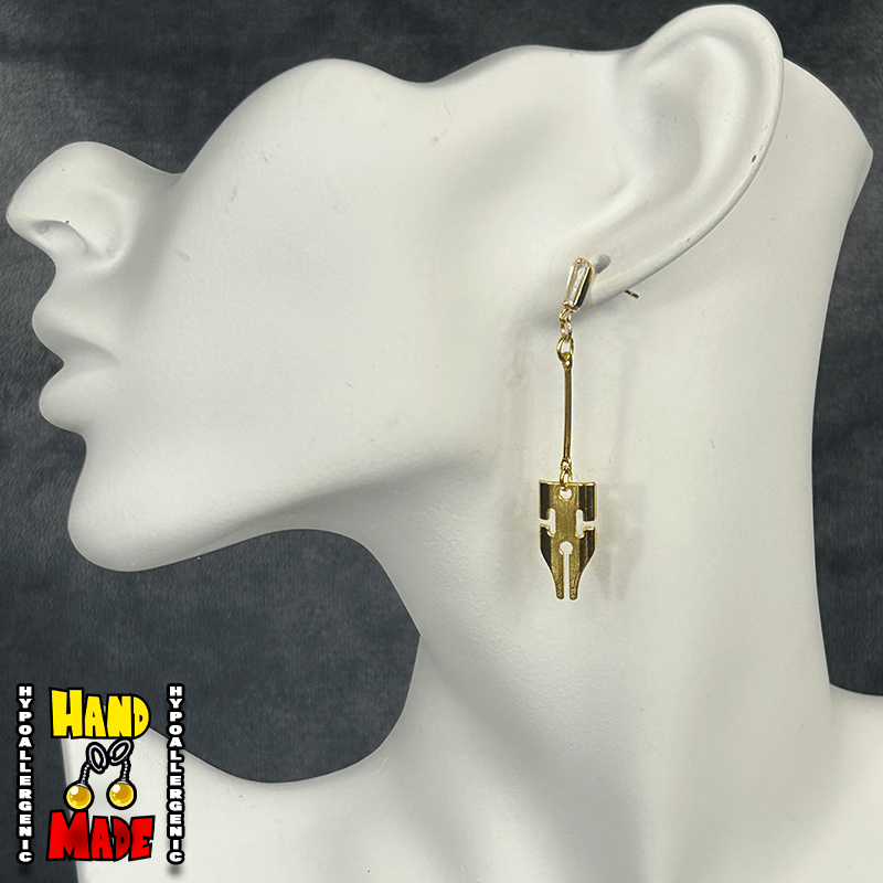 Handmade Jeweled Gold Mask Anime Earrings featuring gold mask charm with jeweled gold dropped posts.