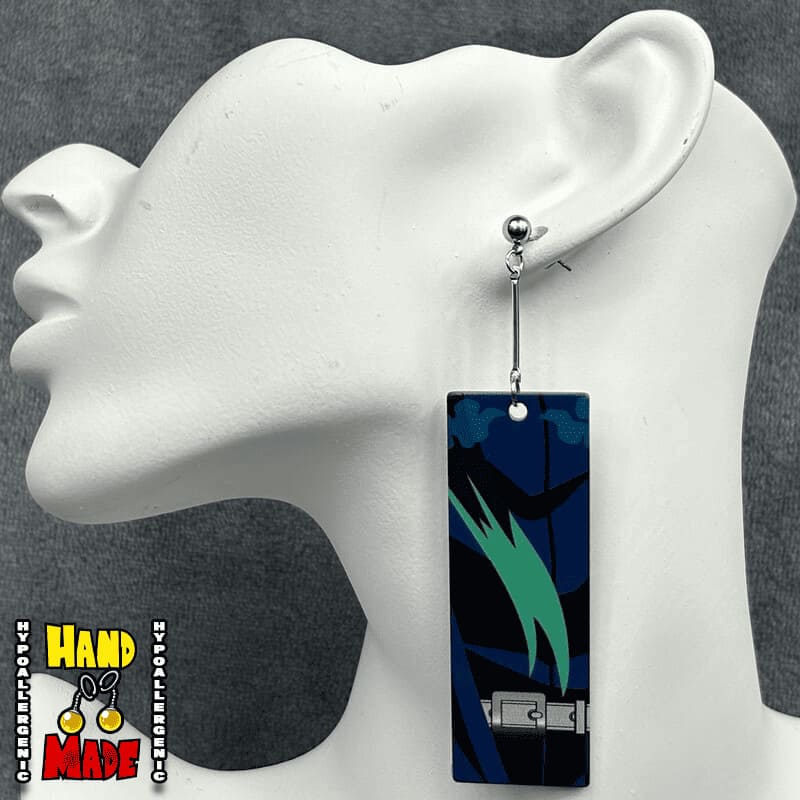 Handmade Large Acrylic Inosuke Hanafuda Anime Earrings based on his profile with primary patterns and belt